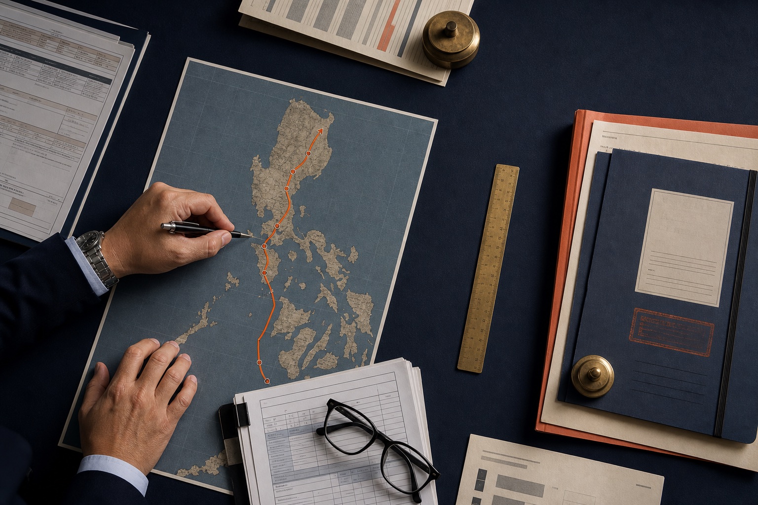 Shipment planning documents and a mapped route across the Philippines