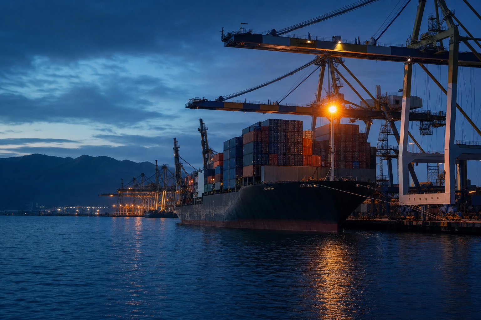 Container operations at a Philippine port at blue hour